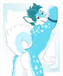 2019 anthro blue_body blue_fur butt canid canine canis cel_shading circle_eyebrows curled_tail digital_drawing_(artwork) digital_media_(artwork) domestic_dog eyebrows fluke_the_husky fur hair husky kwik_(artist) leaning leaning_forward looking_at_viewer looking_back looking_back_at_viewer male mammal markings nordic_sled_dog nude pecs pink_nose portrait presenting presenting_hindquarters shaded signature simple_background smile solo spitz spots spotted_body spotted_fur tail teal_hair three-quarter_portrait white_body white_fur yellow_eyes