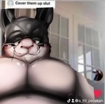 anthro blush leather leather_mask male mask pecs solo text pecckart burrows_(captain_nikko) cover_them_up_slut virgil_(captain_nikko) lagomorph leporid mammal rabbit english_text hi_res meme