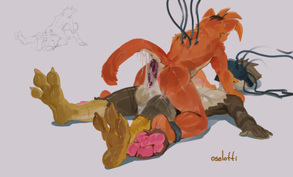anthro anthro_on_anthro balls beak bodily_fluids brown_body butt cum cum_on_balls cum_on_butt cum_on_own_balls cum_on_own_penis cum_on_penis cum_on_self cum_on_tail cum_string duo erection fur genital_fluids genitals head_tuft humanoid_genitalia humanoid_penis lying male male/male mouth_closed nude obscured_eyes on_back orange_body orange_fur orange_tail pawpads penis pink_pawpads purple_penis sex simple_background tail tuft vr_headset white_background oselotti avian domestic_cat felid feline felis mammal absurd_res hi_res signature