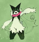 ambiguous_gender anthro cute_fangs fangs fur green_background green_body green_fur open_mouth pink_eyes short_tail simple_background solo standing tail teeth goonie-san nintendo pokemon felid feline generation_9_pokemon mammal meowscarada pokemon_(species) absurd_res hi_res