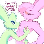 1:1 absurd_res anthro arm_tuft bedroom_eyes blush blush_lines cheek_tuft chest_tuft dialogue dialogue_box duo english_text facial_tuft fur green_body green_fur half-closed_eyes hi_res lagomorph leporid licking looking_pleasured male male/male mammal narrowed_eyes nipple_fetish nipple_lick nipple_pinch nipple_play nipples open_mouth pinch pink_body pink_fur rabbit seductive shoulder_tuft simple_background text tongue tongue_out tuft white_background xing1
