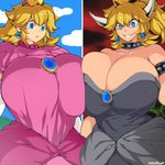 :o big_breasts blonde_hair blue_eyes blue_sky breast_squish breasts cleavage clothed clothing cloud collar crossgender crown dress duo ear_piercing ear_ring evil_grin female grin hair headgear horn huge_breasts long_hair not_furry open_mouth piercing ring_piercing shell sky smile squish studded_collar studs super_crown hataraki_ari bowsette_meme mario_bros nintendo bowser princess_peach horned_humanoid human humanoid mammal 1:1 hi_res meme