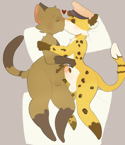 anthro bed bedroom_sex clothing duo femboy furniture genitals hat headgear headwear kissing lying lying_on_bed male male/male masturbation on_bed sex tail richa_picha shadoo domestic_cat felid feline felis leopard mammal pantherine absurd_res hi_res