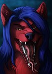 anthro blue_hair bodily_fluids fur hair looking_at_viewer male open_mouth red_body red_fur simple_background smile solo tongue lemondeer canid canine canis mammal wolf digital_media_(artwork) hi_res