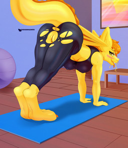anthro anus ball blush bottomwear bra breasts butt clothed clothing detailed_background embarrassed exercise exercise_ball female floor fully_clothed fur furniture genitals hair looking_at_viewer looking_back membrane_(anatomy) membranous_wings nipple_outline nipples non-mammal_breasts non-mammal_nipples nude orange_eyes pants picture_frame shirt smile solo sports_bra table tail topwear torn_bottomwear torn_clothing torn_pants under_boob underwear vulva whiskers wings wood wood_floor yellow_body yellow_fur yoga yoga_pants dododragon56 asian_mythology east_asian_mythology mythology dragon eastern_dragon mythological_creature mythological_scalie reptile scalie absurd_res hi_res shaded