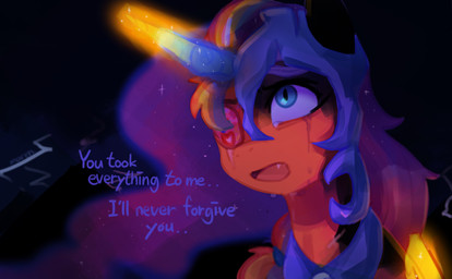 armor blue_eyes bodily_fluids crying dialogue eye_patch eyewear female fur glowing glowing_horn hair headgear helmet horn magic open_mouth orange_body orange_fur purple_hair solo tears text transformation wings marenlicious friendship_is_magic hasbro mlp_g5 my_little_pony mythology nightmare_moon_(mlp) sunny_starscout_(mlp) equid equine mammal mythological_creature mythological_equine winged_unicorn absurd_res english_text hi_res