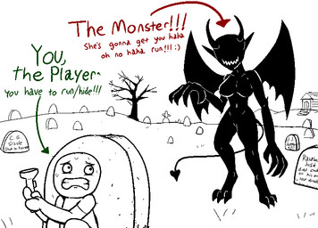 black_body bodily_fluids breasts cemetery claws clenched_teeth clothed clothing directional_arrow duo eyeless featureless_breasts featureless_crotch female flashlight gameplay_mechanics hiding horn humor joke male nude outside plant sharp_teeth size_difference spade_tail sweat tail teeth text tombstone tree wings unknown_artist demon human humanoid mammal monster english_text