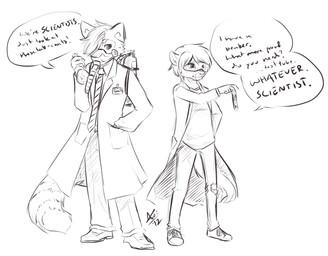 anthro clothing dialogue duo eyewear male mask narrow_hips science simple_background tail text thin_calves thin_legs thin_thighs aogami canid canine domestic_cat felid feline felis fox lion mammal pantherine 2012 black_and_white english_text hi_res monochrome signature