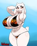 anthro athletic athletic_anthro athletic_female big_breasts bikini blue_background blush blush_lines breasts clothed clothing curvy_figure eyelashes female floppy_ears fur gradient_background hand_behind_head hand_on_head huge_breasts long_ears looking_aside lop_ears mature_anthro mature_female navel orange_eyes red_eyes simple_background skimpy skimpy_bikini slightly_chubby smile solo standing swimwear thick_thighs two-piece_swimsuit voluptuous white_body white_fur wide_hipped_female wide_hips arkanman undertale undertale_(series) toriel bovid caprine goat mammal 2021 absurd_res hi_res portrait signature three-quarter_portrait