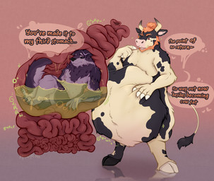 3_toes 5_fingers abdominal_bulge anthro anthro_pred belly big_belly black_body black_fur black_sclera blush bodily_fluids bodily_noises countershading dialogue digestion digestion_noises duo ear_piercing eyebrow_piercing facial_piercing fangs feet fingers fluffy fluffy_tail fur goo_drip guts hand_on_belly horn imminent_digestion inside_stomach internal male male/male male_pred male_prey multiple_stomachs nude onomatopoeia open_mouth oral_vore organs piercing purple_body purple_fur rumbling_stomach same_size_vore simple_background sound_effects speech_bubble stomach tail teeth text toes vore white_body white_fur makar-ro bovid bovine canid canine canis cattle mammal wolf absurd_res english_text hi_res
