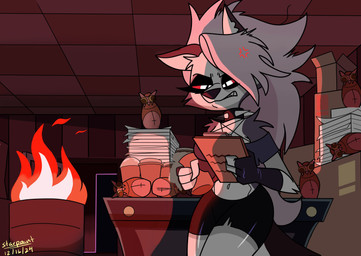 angry anthro black_bottomwear black_clothing black_shorts bottomwear clothed clothed_anthro clothed_female clothing collar cross-popping_vein desk eyelashes female fingerless_gloves fire fire_barrel fur furniture gloves grey_body grey_fur grey_hair hair handwear inside long_hair midriff navel notched_ear office owl_plushie paper paper_stack plushie pupils red_sclera shorts slit_pupils solo spiked_collar spikes table thick_thighs tile_ceiling white_body white_eyes white_fur starpaintart hellaverse helluva_boss mythology loona_(helluva_boss) canid canid_demon canine demon hellhound mammal mythological_canine mythological_creature 2024 absurd_res hi_res