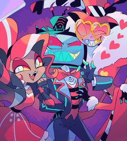 anthro clothed clothing dress electronics eyewear female for_a_head glasses group hat headgear headwear heart_glasses male screen screen_face sharp_teeth taking_picture taking_selfie teeth television trio ajuka hazbin_hotel hellaverse valentino_(hazbin_hotel) velvette_(hazbin_hotel) vox_(hazbin_hotel) arthropod demon demon_humanoid humanoid insect lepidopteran moth object_head screen_head tv_head