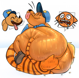 anal anthro big_butt black_clothing black_footwear black_nose black_shoes blue_clothing blue_shirt blue_topwear bodily_fluids bottomless bottomless_anthro bottomless_male brown_body brown_fur brown_stripes butt butt_grab butt_sniffing clothed clothing duo eyes_closed face_in_ass facesitting footwear fur hand_on_butt larger_male larger_on_top larger_rimmed looking_pleasured male male/male on_top open_mouth oral orange_body orange_fur police police_hat police_officer rimming saliva saliva_string sex shirt simple_background sitting_on_another size_difference smaller_male smile sniffing sound_effects spiral spiral_eyes striped_body striped_fur stripes sweat sweaty_butt text tongue tongue_out topwear whisker_spots whiskers white_background iamapoliceman dog_man_(series) dog_man_(character) petey_the_cat canid canine canis domestic_cat domestic_dog felid feline felis mammal 2025 hi_res