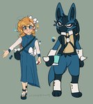 anthro blonde_hair blue_clothing blue_dress blue_eyes clothed clothing dress duo female hair bloowolfy nintendo pokemon generation_4_pokemon human lucario mammal pokemon_(species) 2022 hi_res model_sheet