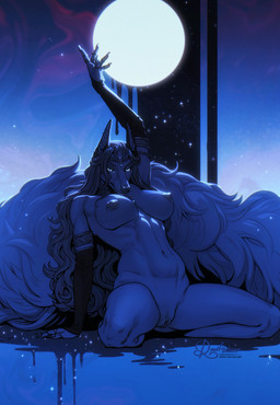 anthro breasts clothing facial_piercing female fluffy fluffy_tail genitals glowing glowing_eyes grey_hair hair handwear horn jewelry jewelry_only long_tail nipples nose_piercing nose_ring piercing pose ring ring_piercing solo tail vulva wavy_hair road~abelgeym canid canine mammal absurd_res hi_res pinup