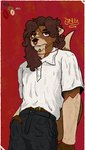 annoyed anthro beard ear_piercing ear_ring facial_hair facial_piercing formal_wear hair heterochromia long_hair male nose_piercing piercing pose purple_eyes red_background ring_piercing simple_background solo tucked_shirt yellow_eyes ottle bach_(ottle) demigod mammal mustelid otter hi_res