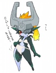 bikini blush clothed clothing female fused_shadow headgear headwear not_furry red_eyes simple_background skimpy solo swimwear text two-piece_swimsuit white_background kemonon nintendo the_legend_of_zelda twilight_princess midna humanoid twili 2007 japanese_text translated