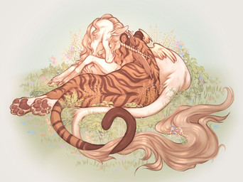ambiguous_feral ambiguous_gender brown_markings brown_pawpads cuddling duo eyes_closed feral flower fur grass head_wings hooves horn markings mouth_closed on_ground orange_body orange_fur pawpads plant striped_back striped_markings striped_neck striped_tail stripes tail tail_markings unusual_wing_placement white_body white_fur wings seraphictiger mythology equid equine felid mammal mythological_creature mythological_equine pantherine tiger unicorn hi_res