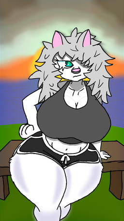 anthro big_breasts blue_eyes bottomwear breasts clothing dolphin_shorts female front_view fur green_eyes grey_hair hair hotpants nude outside shorts solo sunset thick_thighs white_body white_fur aperacre charlotte_(aperacre) domestic_cat felid feline felis mammal 9:16 hi_res