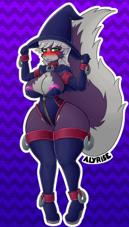 abstract_background ankle_cuffs anthro areola areola_slip arm_cuffs armwear big_breasts big_butt blush boots breasts butt cape clothing collar collar_ring countershade_crotch countershade_torso countershading cuff_(restraint) elbow_gloves embarrassed female fluffy fluffy_tail footwear fur gloves green_eyes grey_hair hair handwear hat headgear headwear high_heeled_boots high_heels holding_clothing holding_hat holding_headgear holding_headwear holding_object holidays knock-kneed legwear leotard magic_user pink_areola pokemorph pulling_down_hat purple_body purple_fur restraints shoes solo tail thick_thighs thigh_boots thigh_cuffs thigh_highs witch witch_costume witch_hat wrist_cuffs alyrise halloween nintendo pokemon generation_4_pokemon mammal mephitid pokemon_(species) skuntank hi_res signature