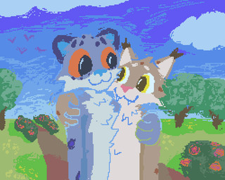 :3 anthro blue_body blue_fur blue_sky brown_body brown_fur cloud day detailed_background duo fangs fur grass male path plant shrub sky smile tan_body tan_fur teeth toony tree demensa art_fight ambient_bird felid feline iberian_lynx lynx mammal pantherine snow_leopard 2025 5:4 digital_media_(artwork) hi_res pixel_(artwork)