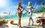 anthro beach breasts clothed clothing cloud detailed_background female green_eyes group hair male nipples outside palm_tree plant sand seaside sky topless tree water vyx canid canine felid lizard mammal reptile scalie 2014