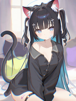 accessory animal_ears band-aid bandage bare_legs bare_shoulders black_hair black_pajamas blue_eyes blush breasts clothed clothing collarbone drill_curls female fluffy_ears hair hair_accessory hair_between_eyes halo hand_between_legs long_hair multicolored_hair open_pajamas partially_clothed partially_unbuttoned pillow raised_tail ribbon_hair sitting small_breasts tail thigh_strap two_tone_hair window young young_female young_humanoid nyarnya fan_character animal_humanoid cat_humanoid felid felid_humanoid feline feline_humanoid humanoid mammal mammal_humanoid 3:4 hi_res