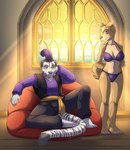 anthro bikini bikini_bottom bikini_top blue_eyes clothed clothing duo female floppy_ears fur grey_eyes hair inside male male/female purple_bikini purple_clothing purple_shirt purple_swimwear purple_topwear shirt short_hair sitting standing sultan sunset swimwear topwear two-piece_swimsuit white_body white_fur window ziggie13 disney lady_and_the_tramp angel_(lady_and_the_tramp) ej_(bisonbull92) canid canine canis domestic_dog felid mammal mixed_breed pantherine pomsky tiger 2021 absurd_res digital_media_(artwork) hi_res shaded