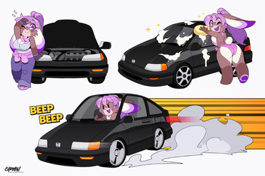 3_toes 4_fingers >_o anthro barefoot bikini bodily_fluids breasts brown_body brown_fur car chibi clothing driving eyelashes feet female fingers flying_sweatdrops fur hair one_eye_closed open_mouth open_smile pawpads paws ponytail purple_eyes purple_hair purple_pawpads purple_tongue side_boob smile soles solo sparkles sponge suds sweat sweatdrop swimwear toes tongue two-piece_swimsuit vehicle washing_car chromapan honda lagomorph leporid mammal rabbit 2025 hi_res signature
