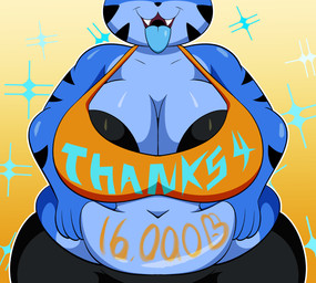 anthro belly belly_squeeze belly_squish big_breasts black_bottomwear black_bra black_clothing black_nose black_pants black_stripes black_underwear blue_body blue_fur blue_tongue bottomwear bra breasts cleavage clothed clothed_anthro clothed_female clothing crop_top fangs female fur navel open_mouth open_smile orange_clothing orange_crop_top orange_shirt orange_topwear overweight overweight_anthro overweight_female pants shirt smile solo squish striped_body striped_fur stripes teeth tongue tongue_out topwear underwear someth1ngoranother azura_(someth1ngoranother) demon domestic_cat felid feline felis mammal hi_res