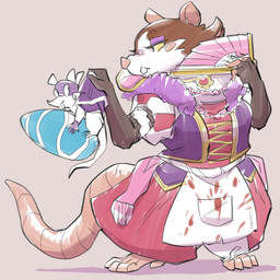 ambiguous_gender anthro apron armwear barefoot blood blood_stain bodily_fluids buckteeth clothing corset duo fan_(object) feet female jewelry lingerie makeup mask semi-anthro spirit_stone teeth thief topwear harefurahoroni armello league_of_geeks griotte_(armello) mammal mouse murid murine rat rodent 1:1 digital_media_(artwork)