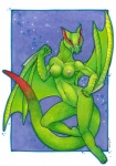 anthro beak breasts female genitals green_body looking_at_viewer membrane_(anatomy) membranous_wings nipples non-mammal_breasts non-mammal_nipples pussy solo tail wings calolily capcom european_mythology monster_hunter mythology dragon flying_wyvern green_nargacuga mythological_creature mythological_scalie nargacuga scalie western_dragon wyvern