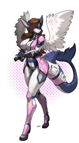 5_fingers anthro big_breasts big_tail biped blue_body blue_eyes blue_tail bottomwear breasts brown_hair clothed clothed_anthro clothed_female clothing ear_piercing ear_stud eyebrows feathered_wings feathers female fingers front_view fully_clothed fully_clothed_anthro fully_clothed_female gun hair holding_gun holding_object holding_ranged_weapon holding_weapon looking_aside non-mammal_breasts piercing ranged_weapon simple_background solo standing tail thick_thighs topwear weapon wide_hips wings pgm300 yana_(unbeholden) aquatic fish shark 2025 absurd_res digital_media_(artwork) hi_res