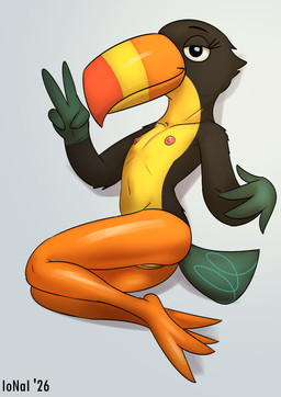 2_toes anthro anthrofied beak breasts butt feet female flat_chested genitals gesture hand_gesture looking_at_viewer lying navel nipples non-mammal_navel non-mammal_nipples nude on_side small_breasts smile solo tail thick_thighs toes v_sign vulva young young_female ionai cartoon_network my_gym_partner's_a_monkey lupe_toucan avian bird toucan 2026 absurd_res hi_res