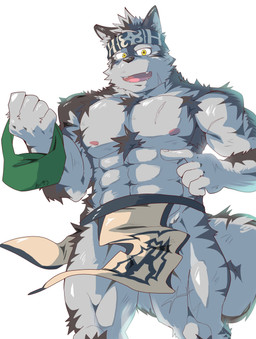 abs anthro barazoku bottomwear brown_body brown_fur clothed clothing fur gesture hand_gesture kemono loincloth looking_at_viewer male multicolored_body muscular muscular_male nipples open_mouth partially_clothed pink_nipples pointing scar simple_background solo two_tone_body white_body white_fur yellow_eyes sansan_ocha lifewonders tokyo_afterschool_summoners horkeu_kamui_(tas) canid canine canis mammal wolf hi_res