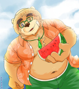 anthro belly bottomwear brown_body brown_fur clothed clothing cute_fangs eyewear fangs food fruit fur glasses hat headgear headwear humanoid_hands male melon moobs navel one_eye_closed open_clothing open_shirt open_topwear overweight overweight_anthro overweight_male plant shirt shorts solo straw_hat teeth topwear watermelon wink heffy038 lifewonders tokyo_afterschool_summoners volos_(tas) bear mammal 2019