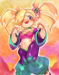 blonde_hair breasts clothing female hair hair_over_eye humanoid_pointy_ears light_body light_skin long_hair looking_at_viewer navel not_furry simple_background solo onimiere shantae_(series) wayforward plink_(shantae) genie humanoid hi_res