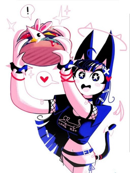 anthro belt black_body black_fur blue_light blush bracelet burger collar exclamation_point female feral food fur happy heart_symbol holding_food holding_object in_food jewelry light_clothing male predator/prey spiked_bracelet spikes star_symbol surprised text vore_implied andaerz animal_humanoid cat_humanoid felid felid_humanoid feline feline_humanoid humanoid mammal mammal_humanoid mouse murid murine rodent