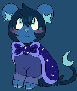 ambiguous_gender bedding blanket blue_body blue_eyes blue_fur blush bow_tie cape clothing countershading eyelashes feral feral_with_hair fur hair solo sweater topwear jackrabbit_(artist) fakemon nintendo pokemon generation_4_pokemon pokemon_(species) shinx 2024 digital_media_(artwork) hi_res ibispaint_(artwork)