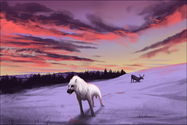ambiguous_gender black_border black_nose border day detailed_background duo feral fur outside sky tongue white_body white_fur oneminutesketch canid canine canis cervine deer elk mammal wolf 2015 digital_media_(artwork)