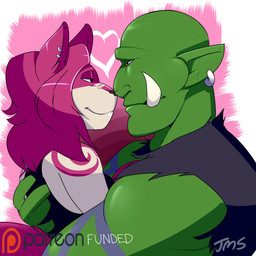 anthro clothed clothing duo ear_piercing female hair hug humanoid_on_anthro male male/female muscular muscular_male piercing smile tusks rat_bastard canid canine humanoid mammal orc 1:1 absurd_res hi_res