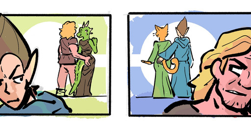 annoyed anthro blonde_hair blue_clothing blue_shirt blue_topwear blue_tunic border bottomwear brown_clothing brown_dress brown_hair clothing dialogue dress female furgonomic_bottomwear furgonomics green_clothing green_dress group hair hand_on_butt human_on_anthro humanoid_on_anthro humanoid_pointy_ears interspecies long_hair male male/female pointy_ears shirt standing tail_through_underwear topwear tunic white_border dubindore microsoft the_elder_scrolls argonian domestic_cat elf felid feline felis human humanoid khajiit mammal scalie comic hi_res