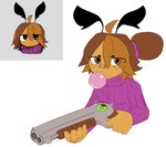 ahoge ambiguous_gender antennae_(anatomy) anthro band-aid bandage blowing_bubble_gum bomb breasts brown_hair bubble bubble_gum candy casual_clothing clothed clothing dessert explosives female food freckled_face freckles gum gun hair hair_bun holding_gun holding_object holding_ranged_weapon holding_weapon lever_action_shotgun looking_at_viewer pump_action_shotgun ranged_weapon reference_image shotgun simple_background small_breasts solo sweater topwear turtleneck weapon yellow_body bscit ganmakurel beebo_(bscit) arthropod bee humanoid hymenopteran insect bust_portrait digital_media_(artwork) half-length_portrait icon portrait