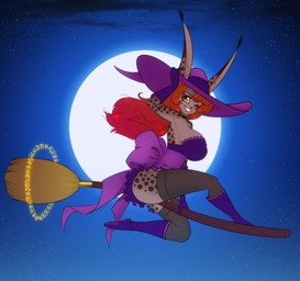 anthro big_breasts big_ears boots breasts broom broom_riding brown_body brown_fur brown_hair choker cleaning_tool clothing dipstick_ears ear_markings eyebrows eyelashes female footwear fur gloves hair handwear hat headgear headwear inner_ear_fluff jewelry magic_user markings moon multicolored_ears necklace one_eye_closed shoes side_boob smile solo spots spotted_body spotted_fur tuft wink witch witch_hat yellow_eyes scorpdk mara_(scorpdk) felid feline lynx mammal 2025 hi_res