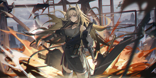 belt big_breasts blonde_hair breasts building choker city clothing drone explosion female fire hair holding_object holding_shield jacket jewelry ladder machine necklace outside shield shirt solo tail topwear nagito_yu arknights hypergryph studio_montagne horn_(arknights) animal_humanoid canid canid_humanoid canine canine_humanoid humanoid mammal mammal_humanoid robot wolf_humanoid 2022 digital_media_(artwork) hi_res