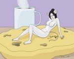 beverage black_hair breasts cheese coffee coffee_mug container crumbs cup dairy_products female food hair micro mouse_tail nipples nude on_food sitting solo steam yellow_eyes xots humanoid mammal mouse murid murine rodent 5:4 absurd_res digital_drawing_(artwork) digital_media_(artwork) hi_res