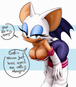 anthro areola bent_over big_breasts biped blue_eyes breasts dialogue eyelashes female looking_at_viewer membrane_(anatomy) membranous_wings nipples pupils smile solo speech_bubble text wings inker_comics sega sonic_the_hedgehog_(series) rouge_the_bat bat mammal absurd_res hi_res