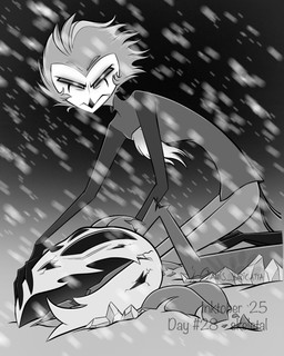 anthro beak bottomwear chest_tuft clothed clothing feathers glare glaring_at_viewer kneeling looking_at_viewer male mouth_closed multi_eye pants plant shirt snow snowing solo tail tail_feathers text topwear tuft atimon hellaverse helluva_boss stolas_(helluva_boss) avian demon 2025 4:5 hi_res monochrome signature