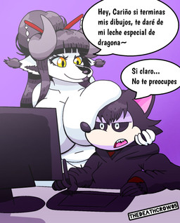 anthro big_breasts black_hair boob_hat breasts clothing computer duo electronics female genitals hair horn jacket male male/female text topwear vulva white_body yellow_eyes crowundeadcat mythology crow_(thedeathcrow) canid canine canis domestic_cat dragon felid feline felis mammal mythological_creature mythological_scalie scalie wolf digital_media_(artwork) hi_res spanish_text