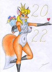 anthro areola blonde_hair bouquet breasts clothing dipstick_ears dipstick_tail ear_markings eyelashes feet female flower fur genitals gloves_(marking) green_eyes hair headgear headwear heart_symbol inner_ear_fluff leg_markings looking_at_viewer markings multicolored_ears navel nipples orange_body orange_fur plant pussy socks_(marking) solo soviet_cartoon tail tail_markings tuft white_body white_fur sinaherib miss_new_year soyuzmultfilm canid canine fox mammal 2021 absurd_res graphite_(artwork) hi_res traditional_media_(artwork)